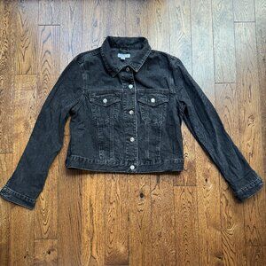 Topshop Tilda Cropped Denim Jacket Washed Black Size 8 Slim Fit 100% Cotton